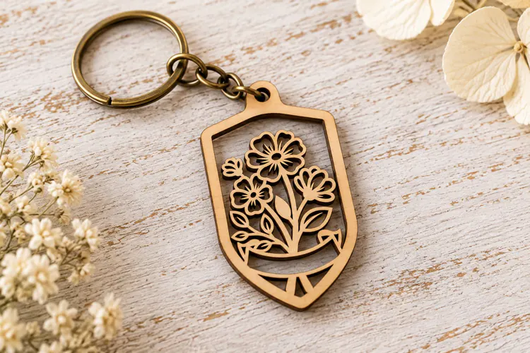 Shield Floral Garden Wooden Keychain Laser Cut SVG, Botanica