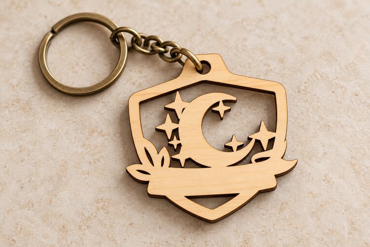Shield Crescent Moon Celestial Wooden Keychain Laser Cut SVG example image 1