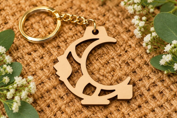 Letter C Crescent Moon Celestial Wooden Keychain Laser Cut example image 1