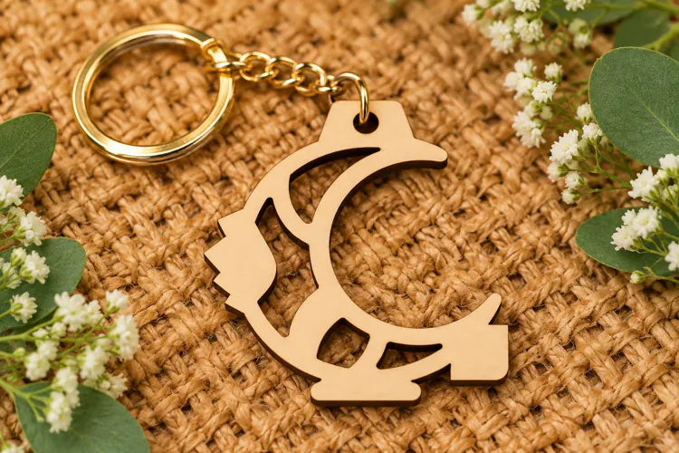 Letter C Crescent Moon Celestial Wooden Keychain Laser Cut