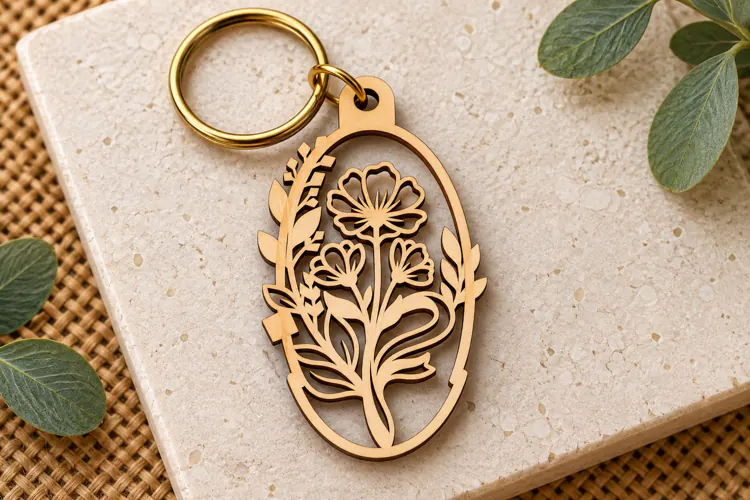 Oval Floral Garden Wooden Keychain Laser Cut SVG, Botanical