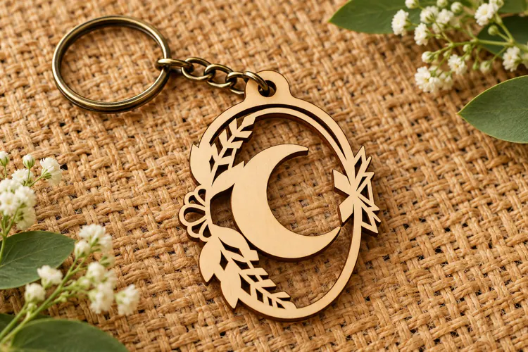 Oval Crescent Moon Botanical Wooden Keychain Laser Cut SVG