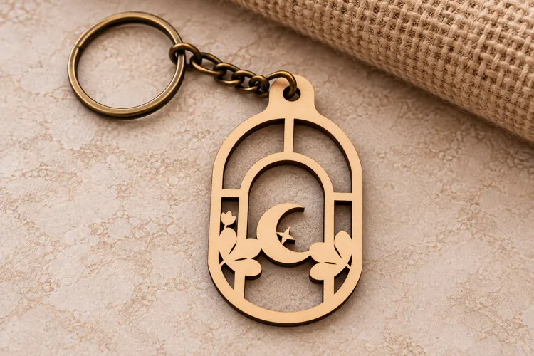 Arch Crescent Moon Botanical Wooden Keychain Laser Cut SVG,