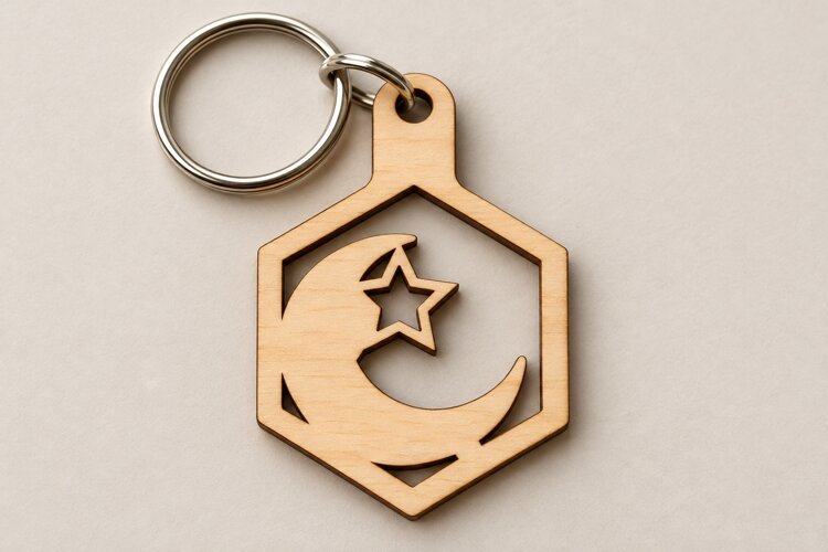Round Shooting Stars Crescent Moon Wooden Keychain Laser Cut example image 1