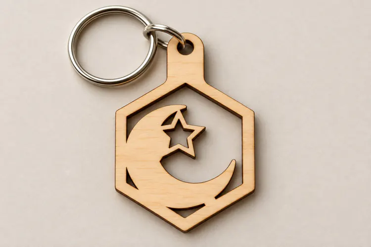 Round Shooting Stars Crescent Moon Wooden Keychain Laser Cut