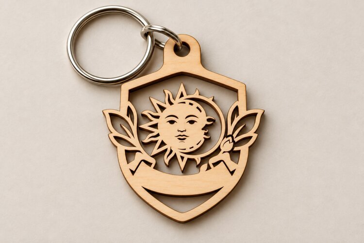 Shield Celestial Sun Face Wooden Keychain Laser Cut SVG, example image 1