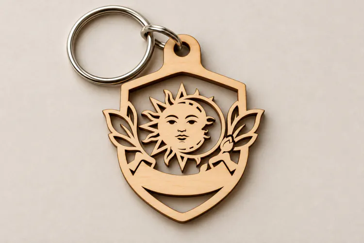 Shield Celestial Sun Face Wooden Keychain Laser Cut SVG,