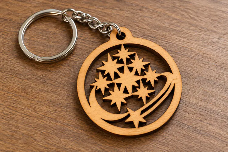 Round Shooting Stars Crescent Moon Wooden Keychain Laser Cut