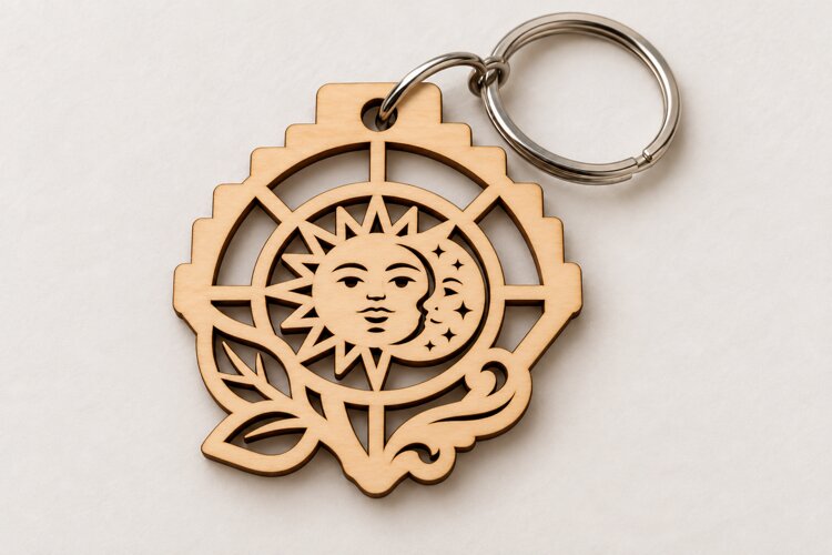 Crown Celestial Sun Face Botanical Wooden Keychain Laser Cut example image 1