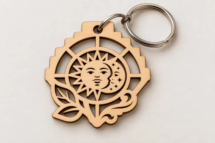 Crown Celestial Sun Face Botanical Wooden Keychain Laser Cut