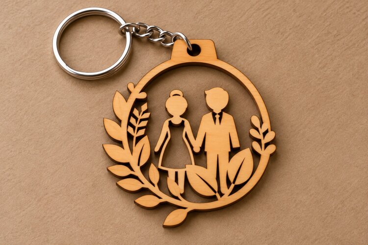 Round Wedding Couple Botanical Wooden Keychain Laser Cut SVG example image 1