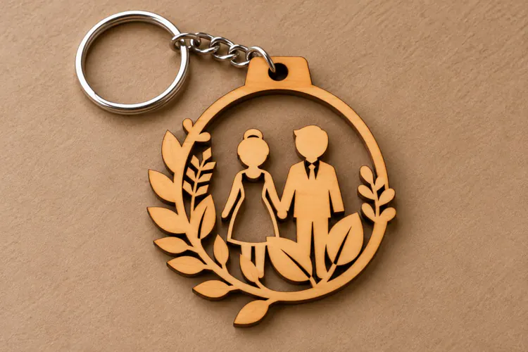 Round Wedding Couple Botanical Wooden Keychain Laser Cut SVG