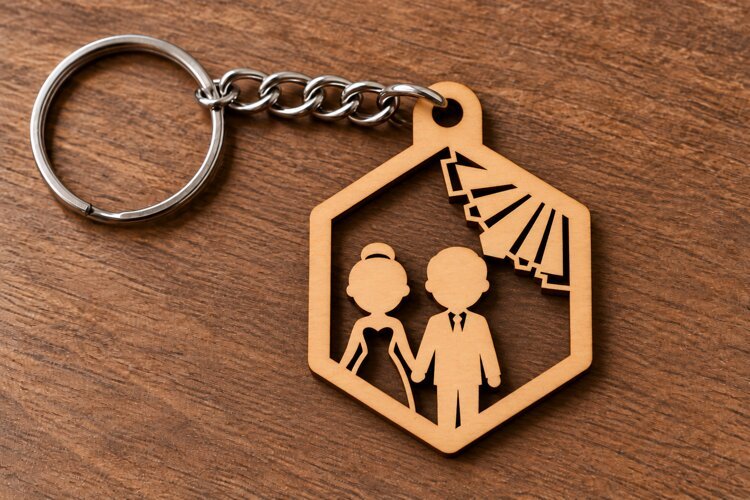 Hexagon Wedding Couple Botanical Wooden Keychain Laser Cut example image 1