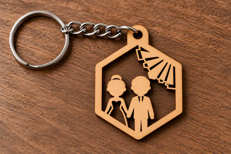 Hexagon Wedding Couple Botanical Wooden Keychain Laser Cut