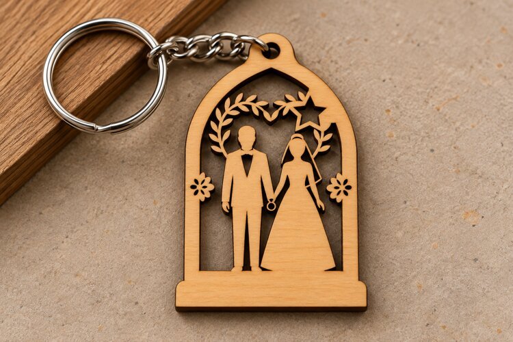 Arch Wedding Couple Botanical Window Wooden Keychain Laser example image 1