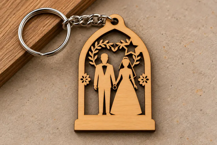 Arch Wedding Couple Botanical Window Wooden Keychain Laser