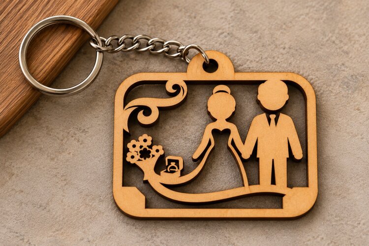 Rectangle Wedding Couple Floral Wooden Keychain Laser Cut SV example image 1