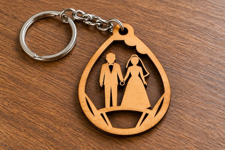 Teardrop Wedding Couple Botanical Wooden Keychain Laser Cut example image 1