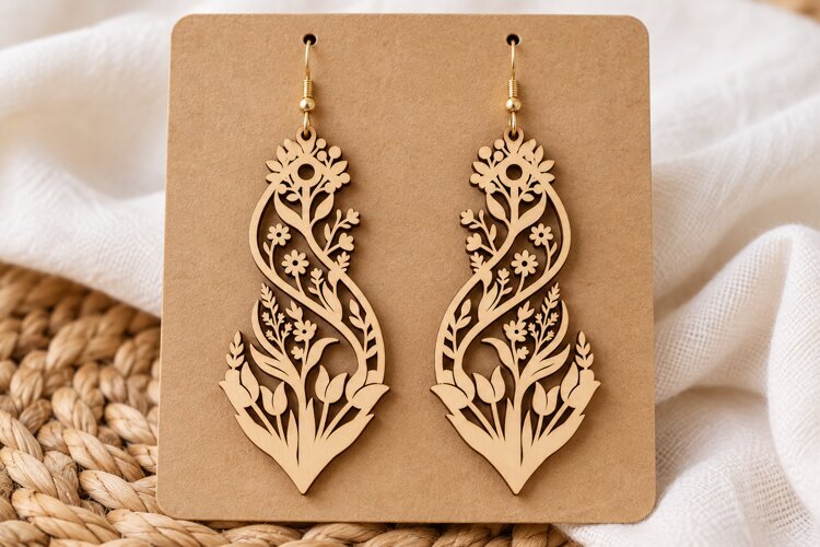 Long Drop Floral Vine Wooden Earrings Laser Cut SVG, Botanic example image 1