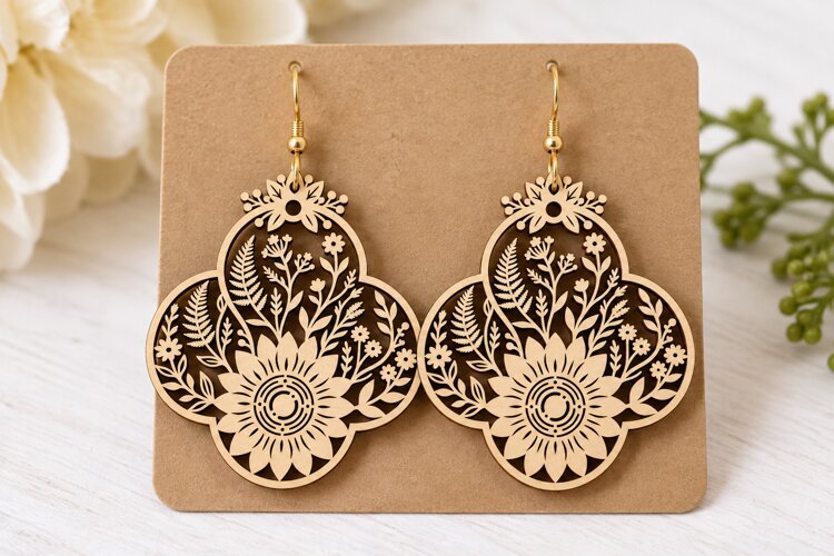 Elaborate Floral Sunflower Wooden Earrings Laser Cut SVG