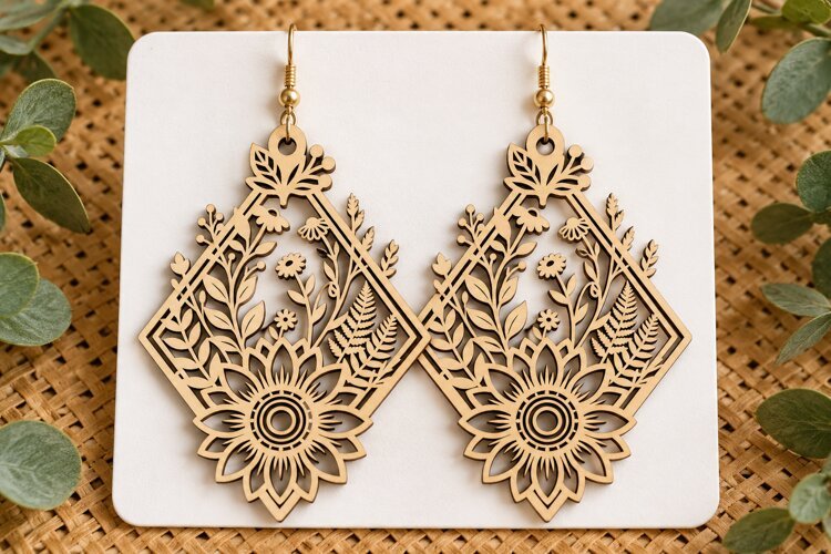 Diamond Floral Sunflower Wooden Earrings Laser Cut SVG, Geom
