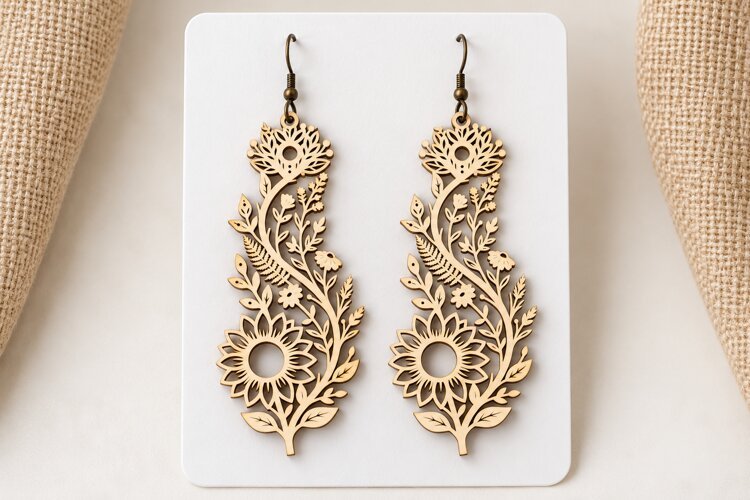 Long Drop Floral Sunflower Wooden Earrings Laser Cut SV example image 1