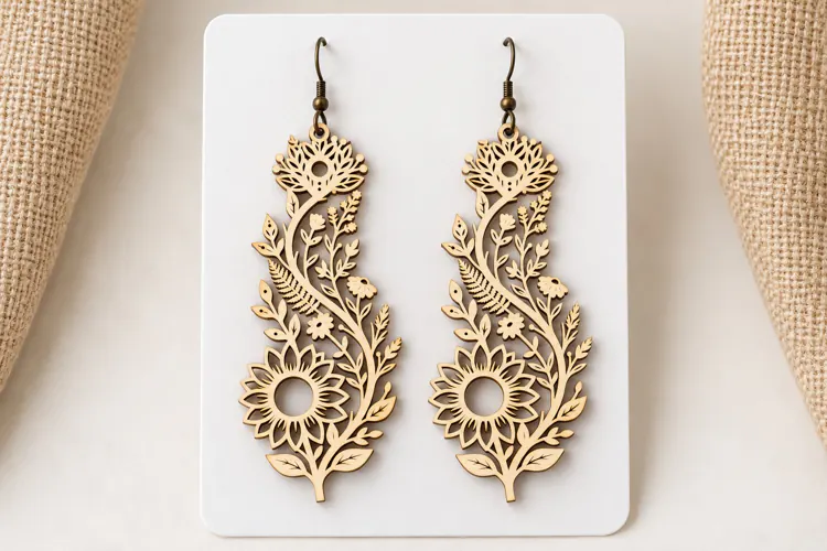 Long Drop Floral Sunflower Wooden Earrings Laser Cut SV