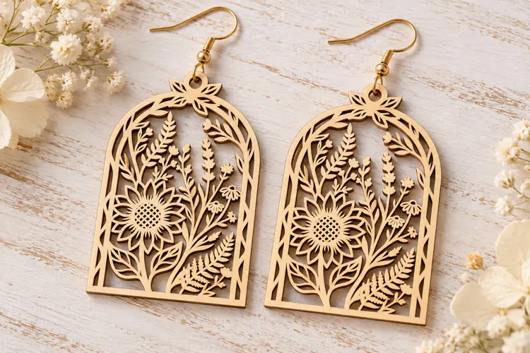 Arch Floral Sunflower Wooden Earrings Laser Cut SVG, Botanic