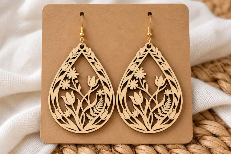 Teardrop Floral Tulip Wooden Earrings Laser Cut SVG, Botanic