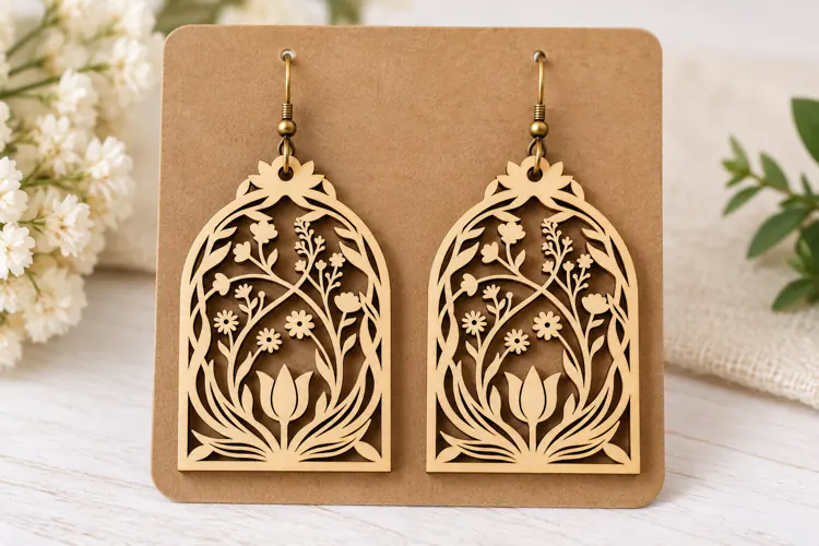 Arch Floral Tulip Wooden Earrings Laser Cut SVG, Botanical