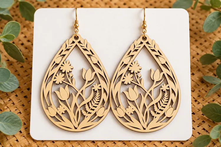 Teardrop Floral Tulip Wooden Earrings Laser Cut SVG, Botanic