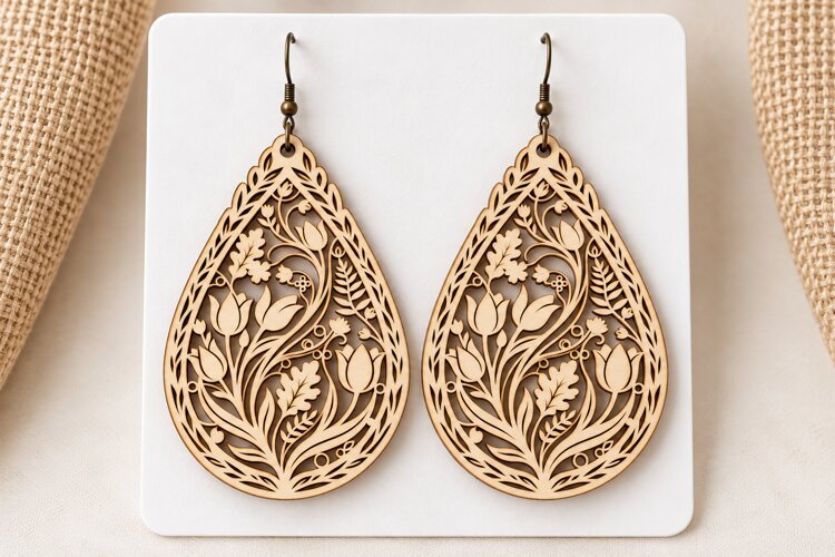 Teardrop Floral Tulip Wooden Earrings Laser Cut SVG, Botanic example image 1