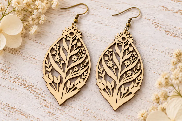 Long Leaf Floral Botanical Wooden Earrings Laser Cut SVG