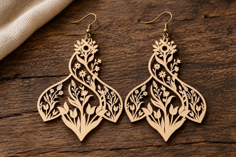 Elaborate Floral Sunflower Wooden Earrings Laser Cut SVG example image 1