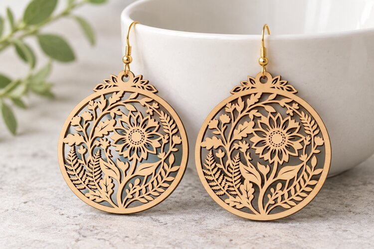 Round Floral Sunflower Wooden Earrings Laser Cut SVG, Circul example image 1