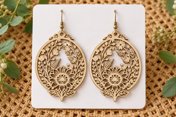 Oval Floral Sunflower Wooden Earrings Laser Cut SVG, Botani