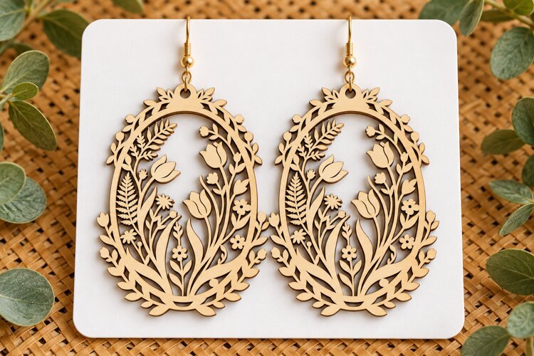 Oval Floral Sunflower Wooden Earrings Laser Cut SVG, Botanic example image 1