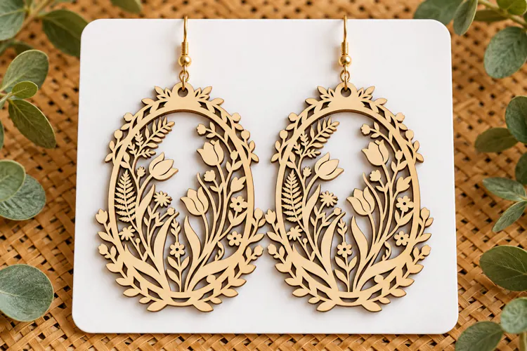 Oval Floral Sunflower Wooden Earrings Laser Cut SVG, Botanic