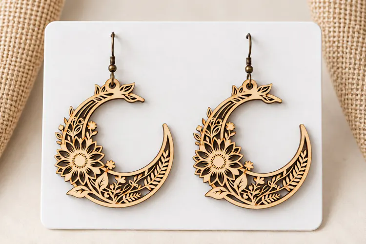 Crescent Moon Floral Sunflower Wooden Earrings Laser Cut SVG