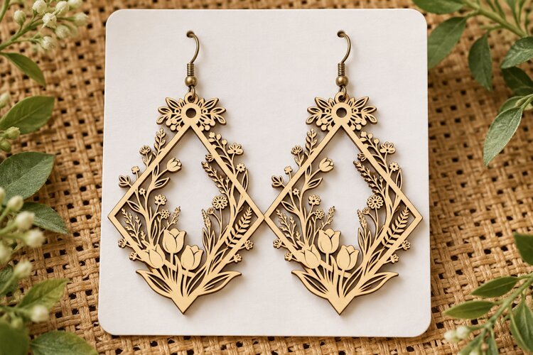 Diamond Floral Tulip Wooden Earrings Laser Cut SVG, Geometri example image 1