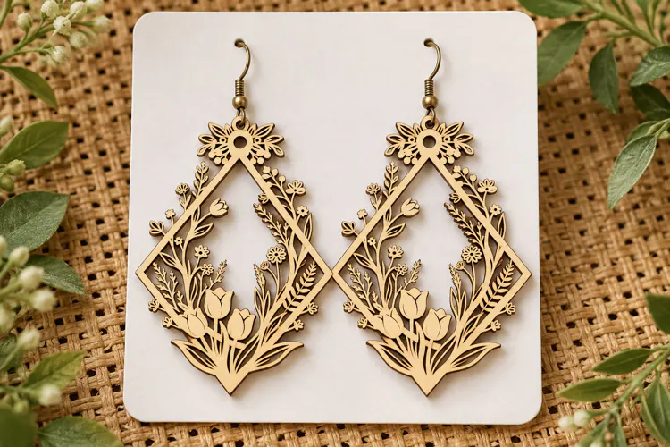 Diamond Floral Tulip Wooden Earrings Laser Cut SVG, Geometri