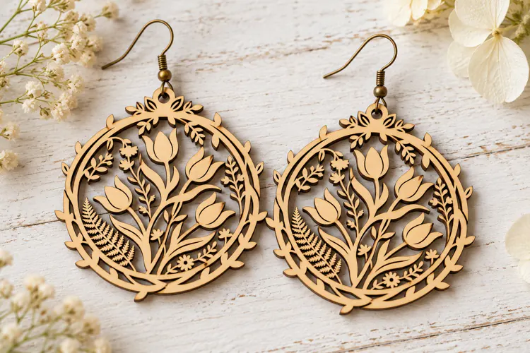 Round Floral Tulip Wooden Earrings Laser Cut SVG, Circular