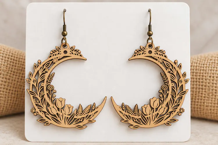 Crescent Moon Floral Tulip Wooden Earrings Laser Cut SVG