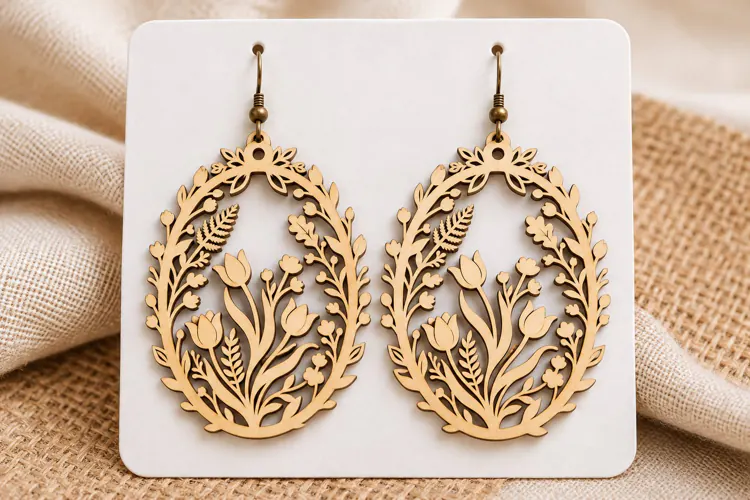 Oval Floral Tulip Wooden Earrings Laser Cut SVG, Botanical