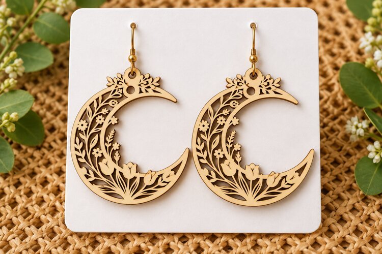 Crescent Moon Floral Tulip Wooden Earrings Laser Cut SVG, example image 1