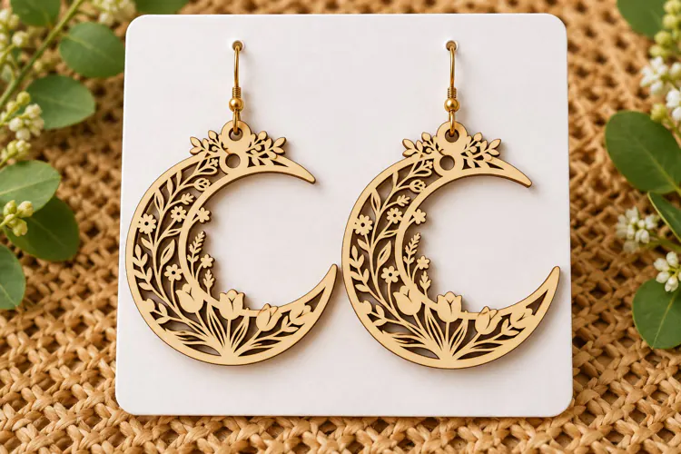 Crescent Moon Floral Tulip Wooden Earrings Laser Cut SVG,