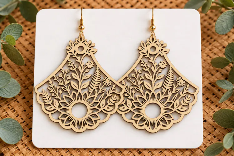 Fan Shape Floral Sunflower Wooden Earrings Laser Cut SVG, Ar