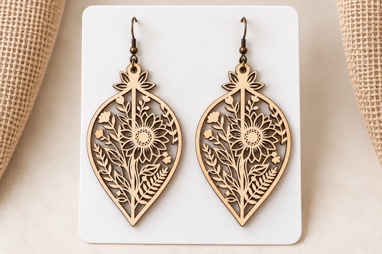 Teardrop Floral Sunflower Wooden Earrings Laser Cut SVG, Bot example image 1