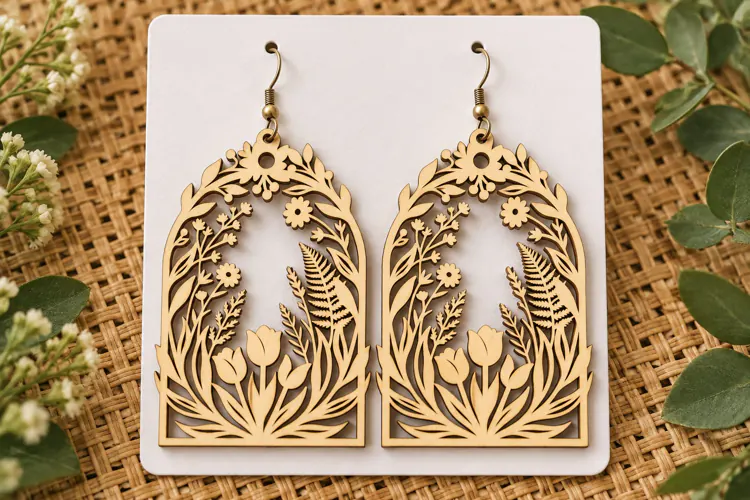 Arch Floral Tulip Wooden Earrings Laser Cut SVG, Botanical