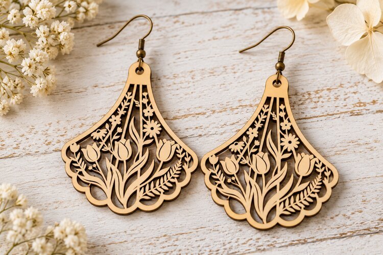 Fan Shape Floral Tulip Wooden Earrings Laser Cut SVG, Art example image 1